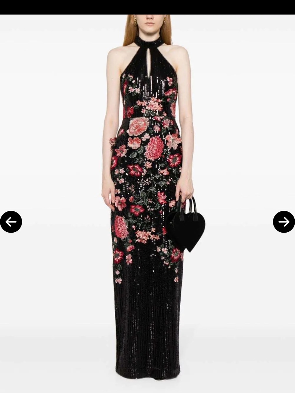 Marchesa Notte Black Halter Gown with Pink Floral Embroidery